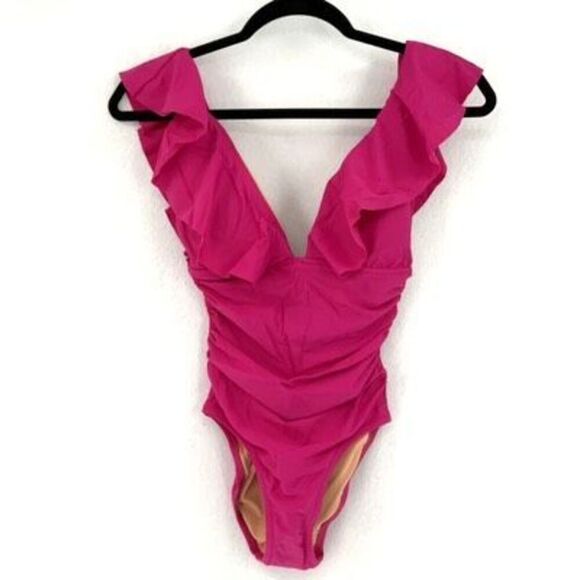 J. Crew Ruched Ruffle One Piece Swimsuit Plus Size In Radiant Fuchsia Size 20 - Picture 2 of 6